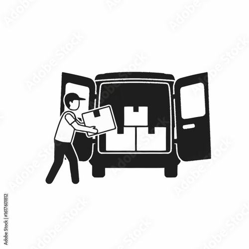Man loading cardboard boxes into the back of a delivery van. Black and white icon for moving and shipping services.