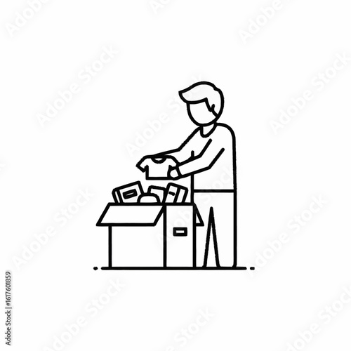 Minimalist line icon of a person packing a cardboard box with clothes for a charity donation