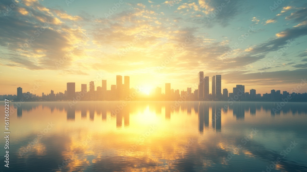 Naklejka premium Sunrise over city skyline reflected in calm water. Possible stock photo use