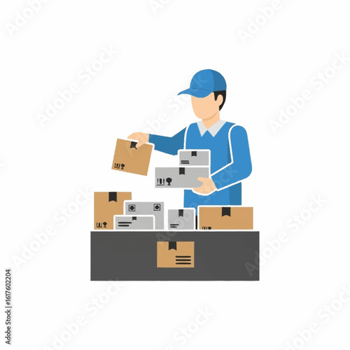 Logistics and shipping service concept with a delivery man character sorting cardboard parcels for dispatch