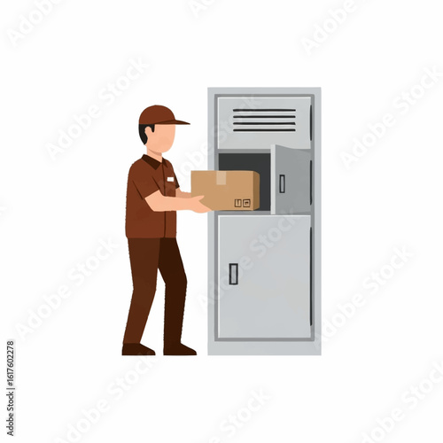Courier placing a cardboard box into an automated parcel locker for a modern, contactless delivery service.