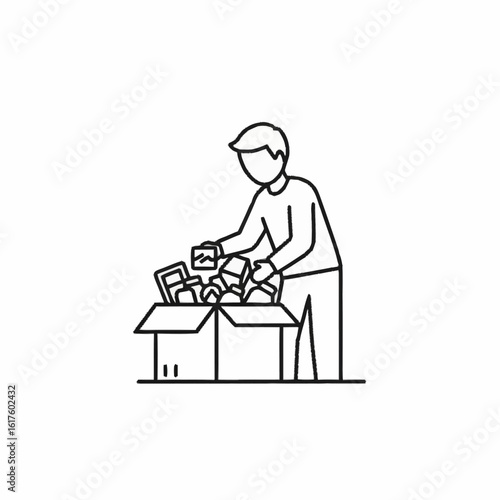 Vector line icon of a person packing personal belongings into a cardboard box. Concept of moving, organizing, or decluttering.