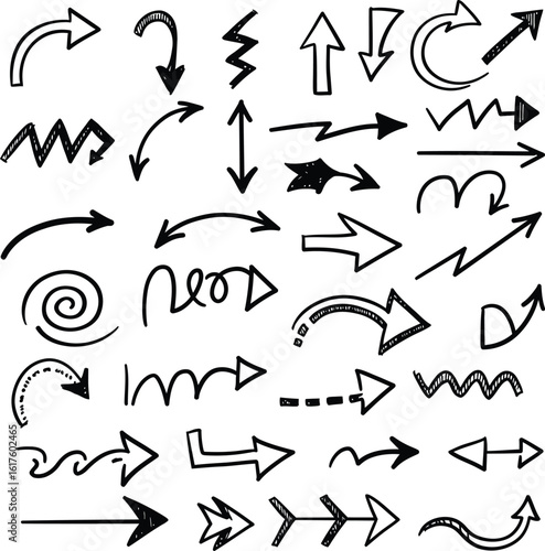Hand Drawn Arrow Doodle Set – Vector Sketch Arrows Collection Isolated on White Background