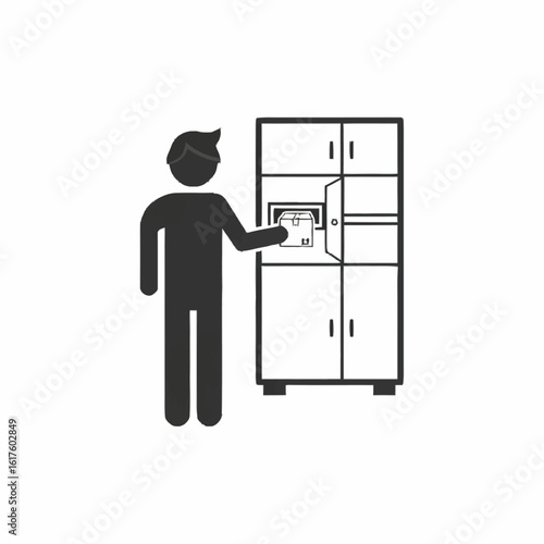 Icon of a person using a self-service parcel locker. Man placing a package into a secure compartment for delivery, shipping, or collection.