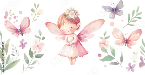 Watercolor fairy with butterflies and flowers border for kids design projects