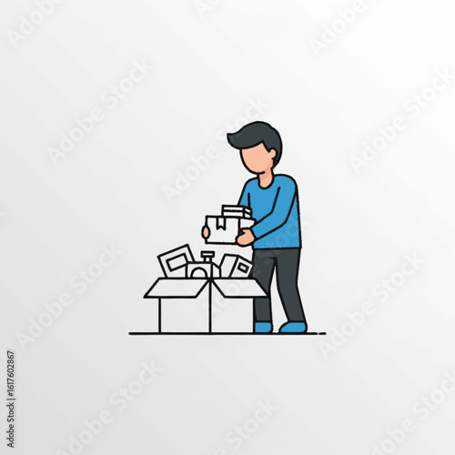 Vector illustration of a man packing a cardboard box with various items. Concept of moving, decluttering, or donating.