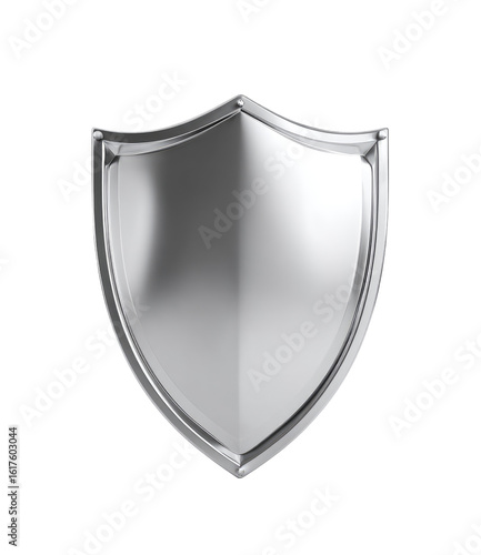 A stylized, metallic shield, polished silver