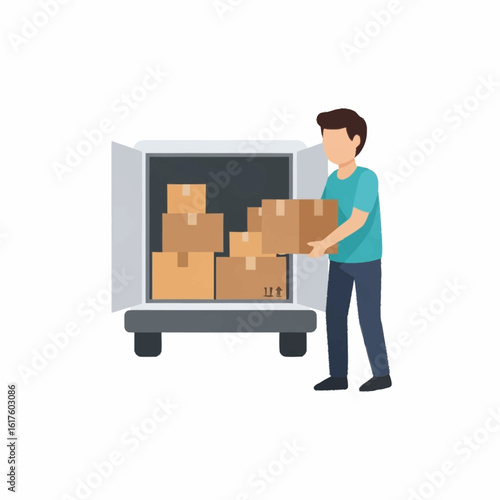 Mover loading cardboard boxes into a delivery truck for a relocation service. Moving day and logistics concept illustration.