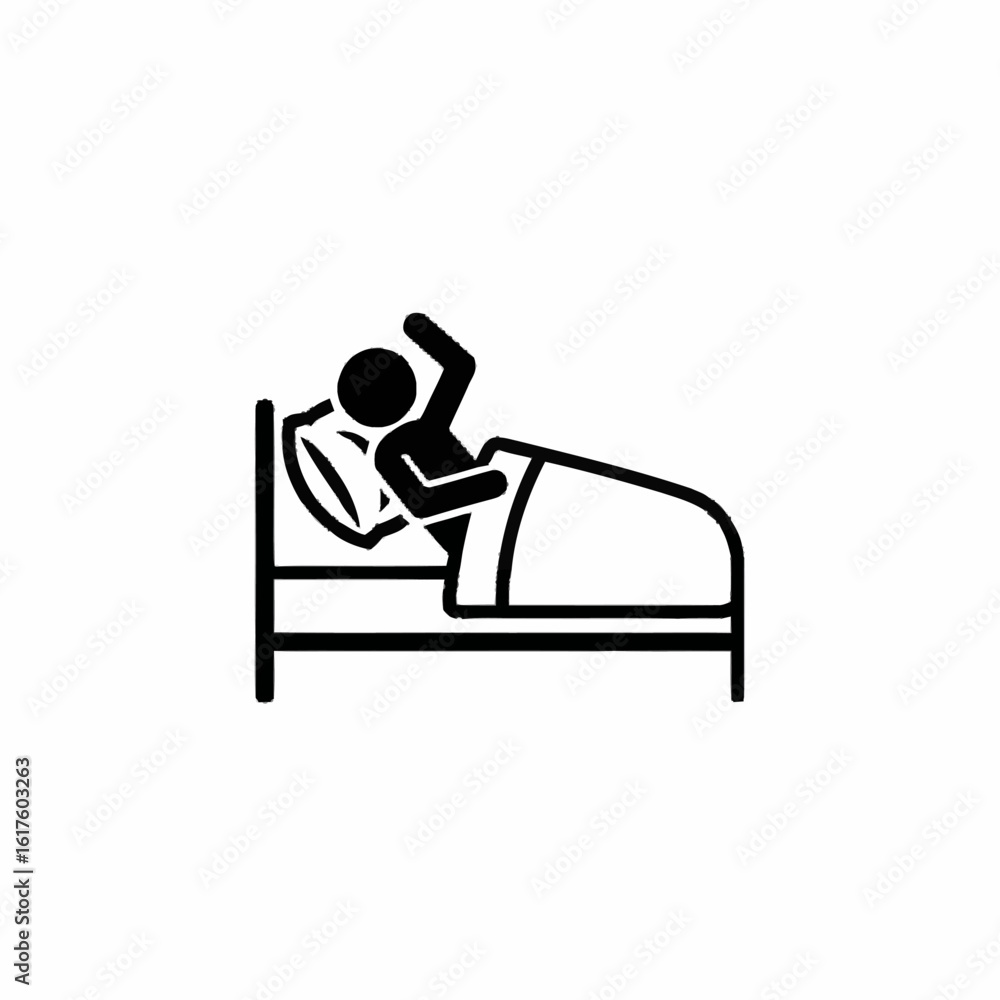 Waking up concept. A stick figure stretches in bed in the morning after a good night's sleep. Rest and sleep icon. Waking up concept. A stick figure stretches in bed in the morning after a good night's sleep. Rest and sleep icon.
