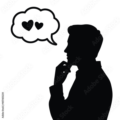Man Silhouette Thinking of Love with Heart Icon in Speech Bubble