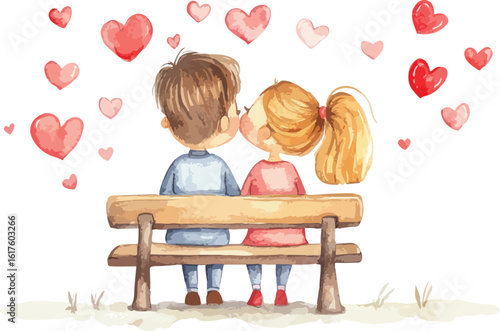 Watercolor Illustration of a Couple Sitting on a Bench Surrounded by Hearts