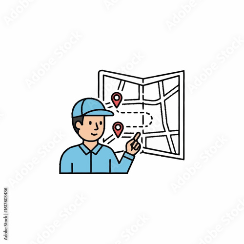 Illustration of a courier planning a delivery route on a map, a concept for logistics, navigation, and shipping services.