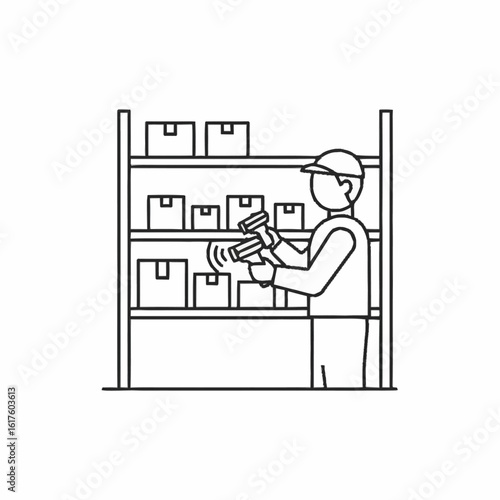 Warehouse worker uses a barcode scanner for inventory management, scanning a package on a shelf. Logistics and supply chain concept.