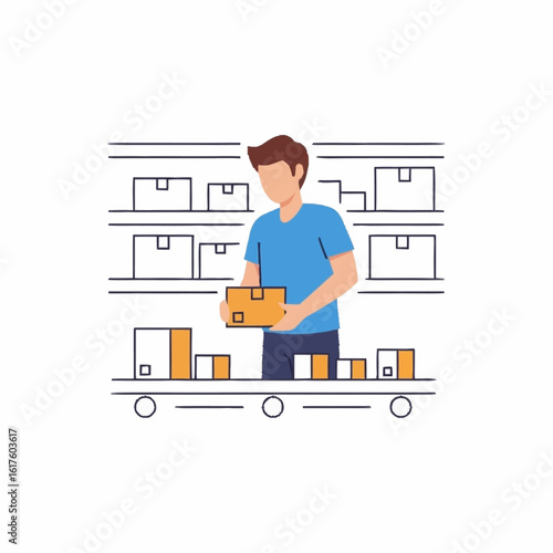 Warehouse worker managing inventory. Male employee handling packages on a conveyor system for order fulfillment and distribution.