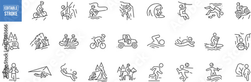 Adventure and Outdoor Sports Icon Set – Surfing, Climbing, Camping, Rafting, Hiking, Skiing, Kayaking, Trail, Biking, Paragliding, Snowboarding, Water Sports, Winter Fun, Travel, Nature Icon
