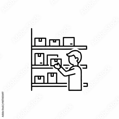 Vector line icon of a person stocking shelves in a warehouse. A symbol for inventory management, logistics, and order fulfillment.