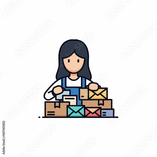 Vector icon of a woman managing correspondence, sorting mail and packages for an e-commerce business or postal service.