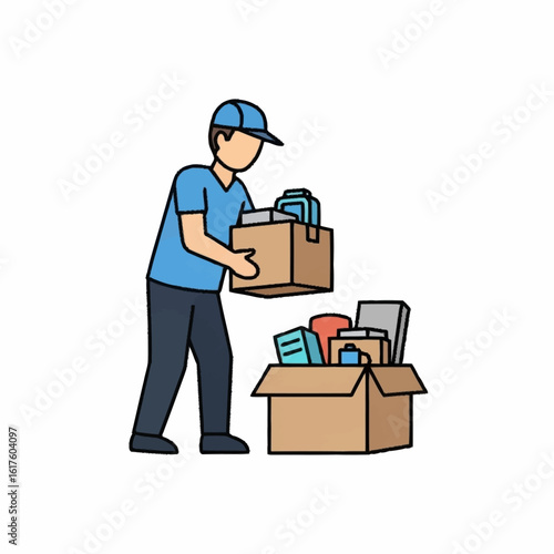 A person carefully packing personal items and books into cardboard boxes. The concept of moving, organizing, or donating.