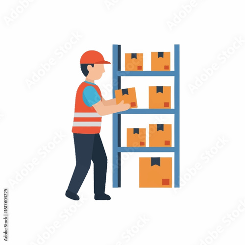 A warehouse worker in a safety vest organizing cardboard boxes on a storage rack. A concept for logistics and inventory management.