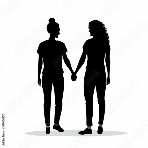 Black silhouette of two best friends holding hands and laughing, casual standing pose in vector format