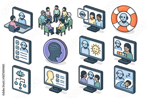Improvement relationship group monitor ai therapy flow icons vector icon program session