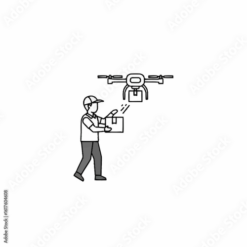Illustration of a drone delivering a package to a courier. A concept for futuristic logistics, automated shipping, and modern supply chain technology.
