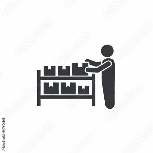 Vector icon of a person stocking inventory on a warehouse rack. Symbol for logistics, fulfillment, and supply chain management.