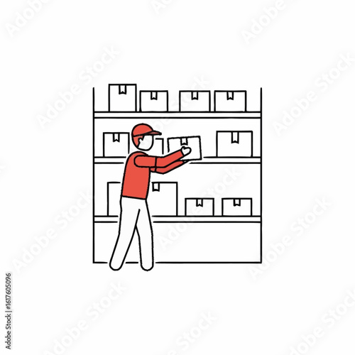 Warehouse worker organizing inventory on shelves. Line art icon for logistics and supply chain management.