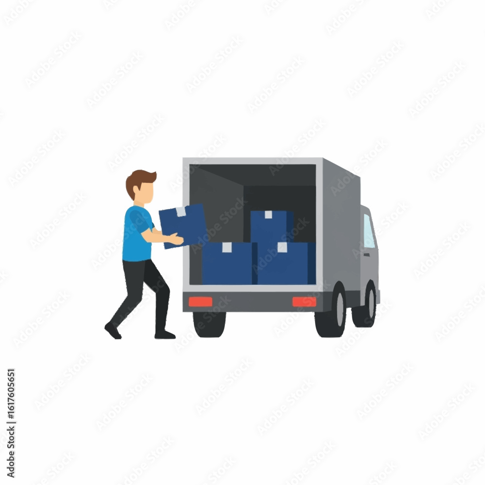 Obraz premium A man from a moving service loading cardboard boxes into a delivery truck. Vector illustration for logistics and relocation.