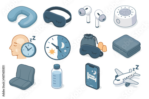 Nap adjustment zone tools travel white sleep lag vector pillow kit icon