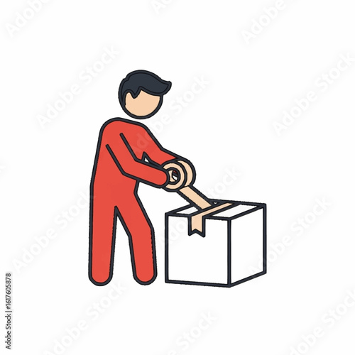 A person in a red outfit seals a cardboard box with a packing tape dispenser.