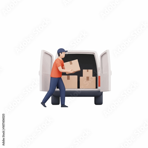 A 3D illustration of a delivery man loading cardboard boxes into the back of a white van.