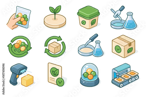 Icons eco icon vector sustainable certification manufacturing packaging line edible lab film