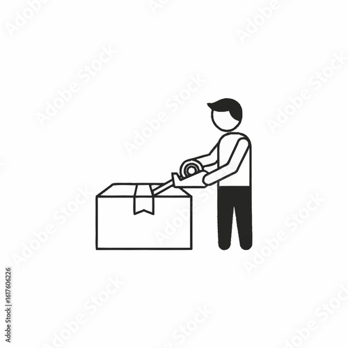 A line icon of a person using a tape dispenser to seal a cardboard box for shipping or moving.