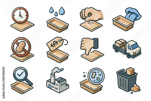 Regulatory disposal packaging moisture icons shelf compatibility edible allergen vector taste icon