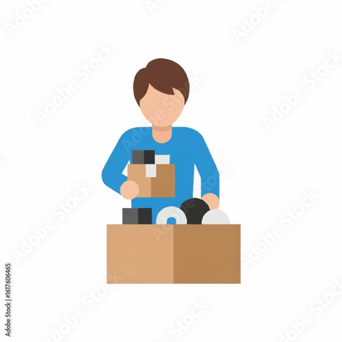 A person packing personal belongings and various items into a large cardboard box.