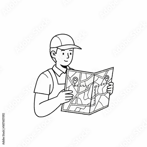 A line art illustration of a young man in a cap and uniform studying a folded street map to navigate a route.