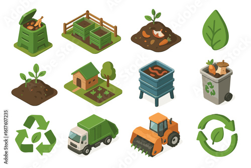 Icons vector collection truck icon recycling bin economy turning waste isometric farm