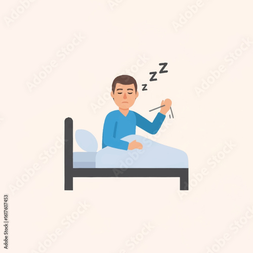 A cartoon man sits up in bed, sleeping and holding chopsticks with 'zzz' above him, dreaming of eating.