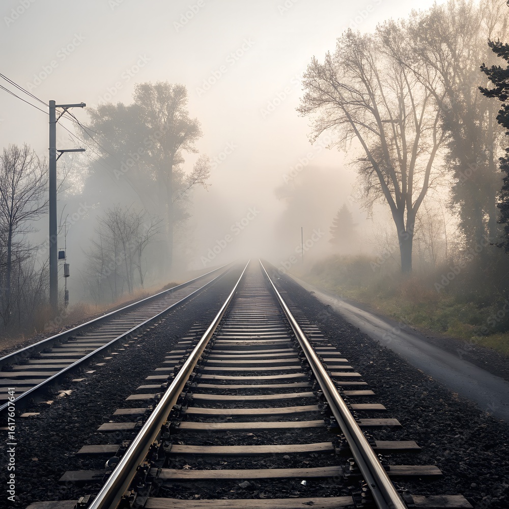Obraz premium A lonely railway track disappears into the foggy horizon, inviting a mysterious journey through a steel landscape