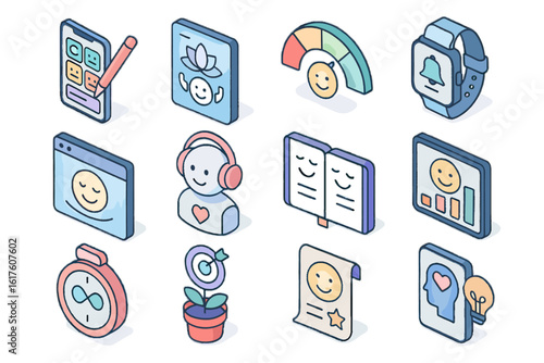 Ai icons relief tracker diary icon emotional mood wellness vector emotion tips