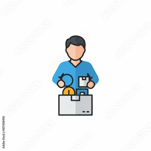 Vector icon of a person organizing and packing products into a cardboard box. Concept for moving, delivery, or inventory management.