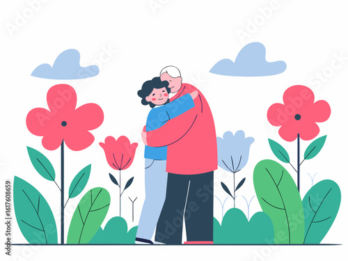 Grandfather and Granddaughter Hugging in a Garden with Flowers and Clouds in a Flat Style Illustration