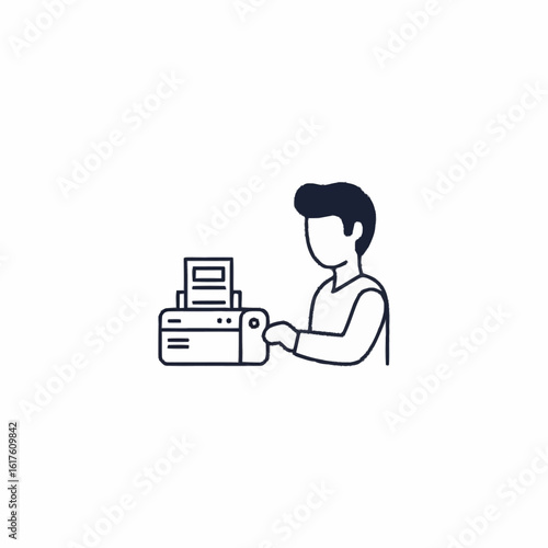 A minimalist line drawing depicts a person operating a printer, with paper visible in the output tray.