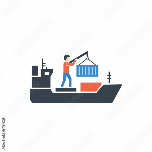 A worker operates a crane to load a blue shipping container onto a large cargo ship.