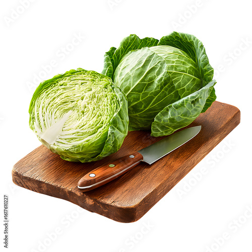 Savoy Cabbage with Knife on Cutting Board, isolated on white background