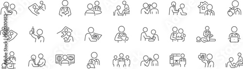People and Family Activities Icon Set – Parenting, Reading, Friendship, Sitting, Relaxing, Family Time, Talking, Kids, Communication, Bonding, Togetherness, Home Moments, Community, Group Interaction,