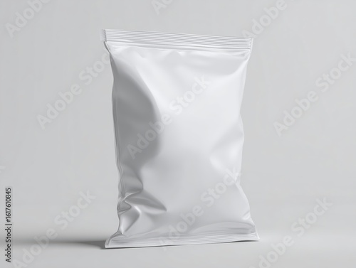 Plain white potato chips snack pack pouch mockup 3D render, clean packaging template for branding or product design on light grey background, product visuals, marketing, advertising, editorial use.