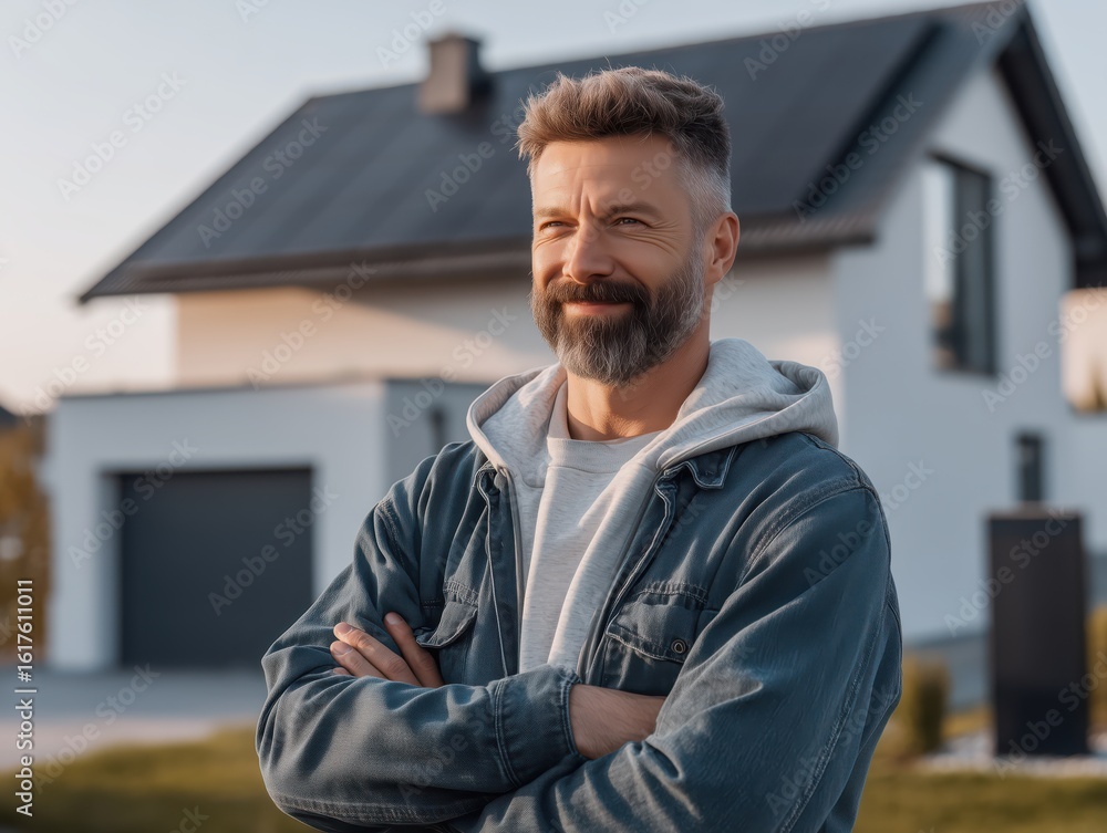 Fototapeta premium Middle-aged homeowner proudly standing outside his self-sufficient home powered by solar panels and battery system, clean sustainable eco energy concept, sustainable living