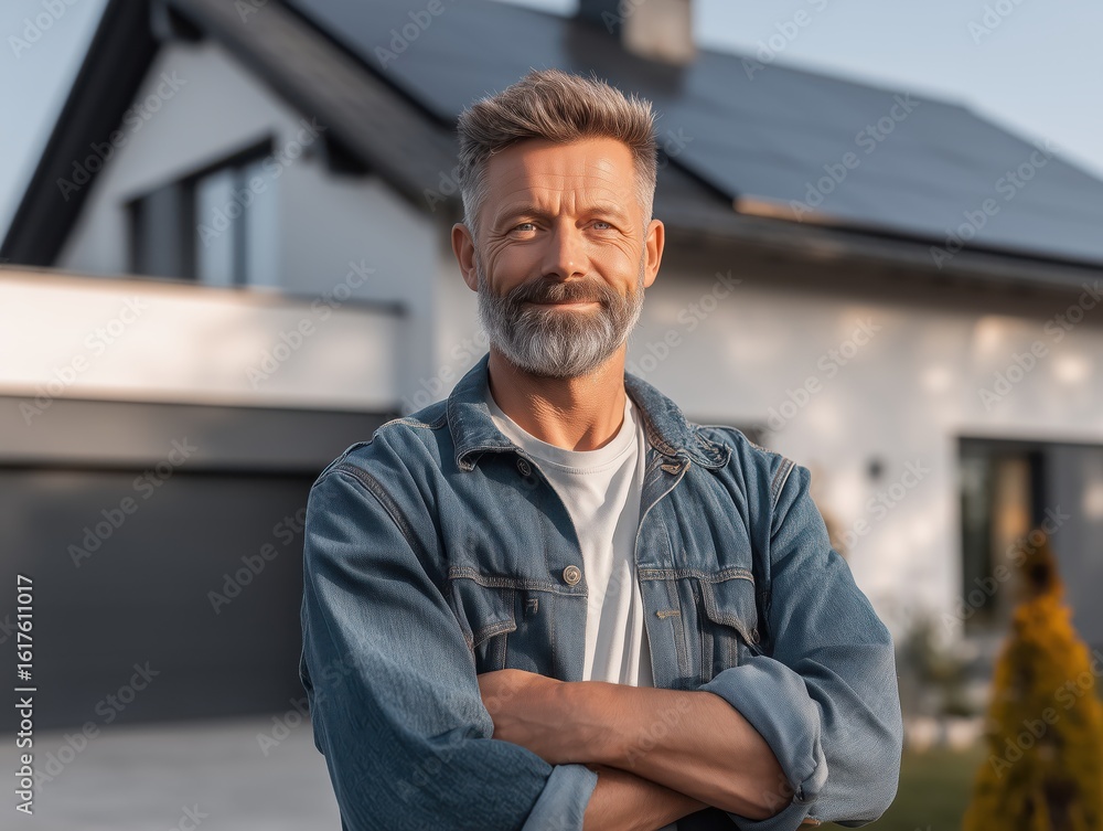 Fototapeta premium Middle-aged homeowner proudly standing outside his self-sufficient home powered by solar panels and battery system, clean sustainable eco energy concept, sustainable living